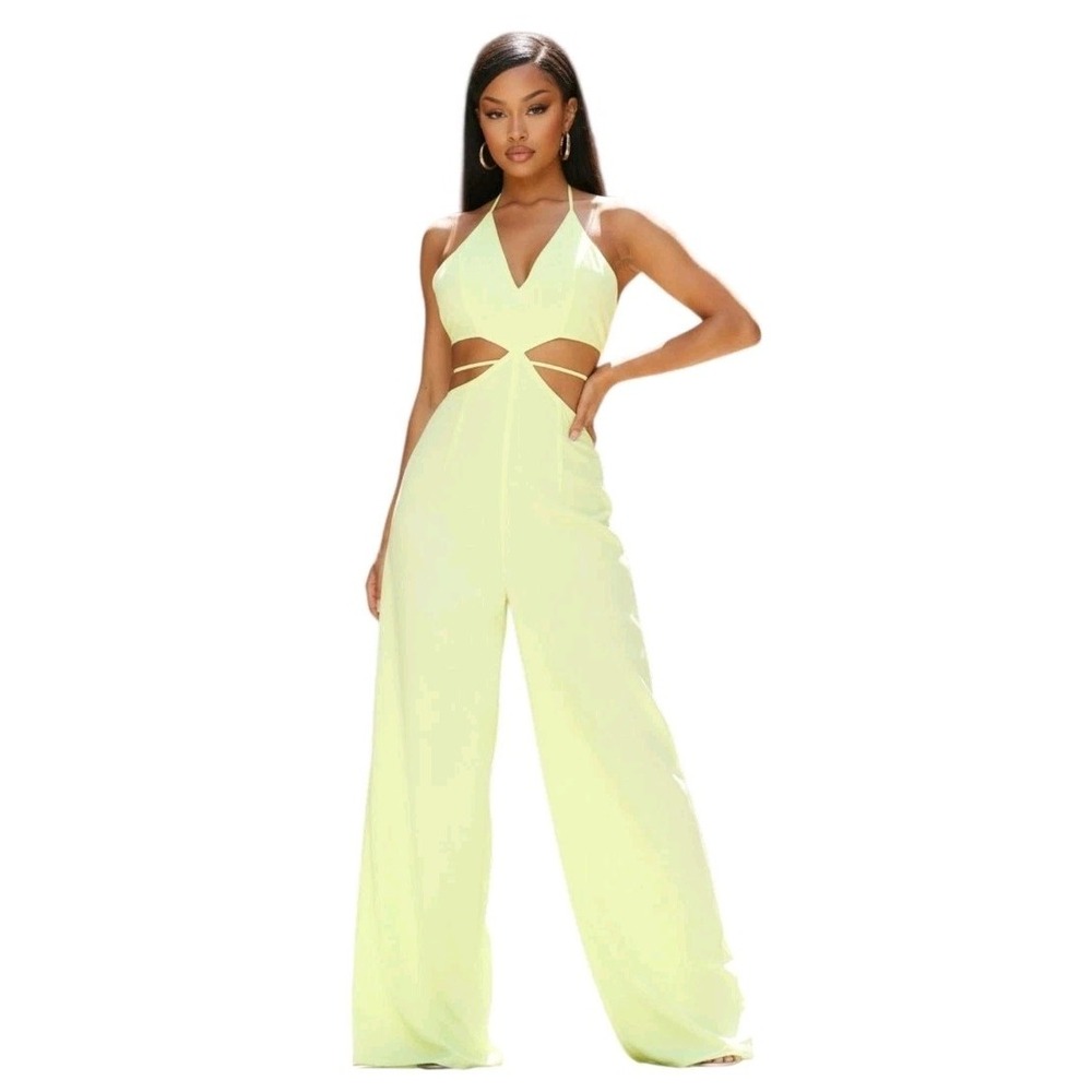 Fashion Nova Beach Views Chiffon Jumpsuit Women's Size XL Lime Halter Wide Leg